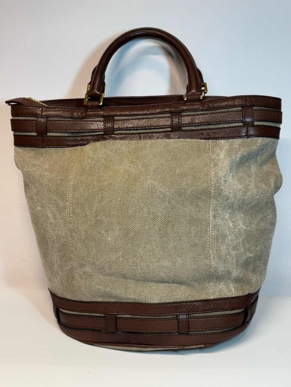 Michael Kors Brown Leather Canvas Buckle Tote Bag Gold Hardware